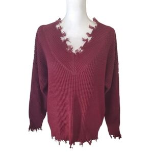 Zenana Burgundy V- Neck Chunky Waffle Knit Sweater with Distressed Edges Size M